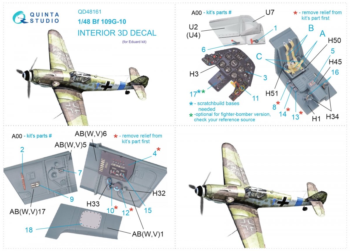 Quinta Studio QD48161 Bf 109G-10 3D-Printed &amp;amp; colored Interior on decal paper (Eduard) 1/48 – Bild 9
