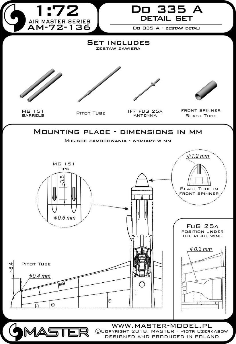 Master AM-72-136 Do 335 A – detail set – MG 151, FuG 25a antenna, pitot tube (1/72) – image 3