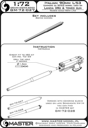 Master GM-72-027 Barrel of the Italian 90mm L/53 gun (Cannone da 90/53) - used as a towed gun and on vehicles, e.g. Lancia 3Ro, early Semovente M41M 1/72 – image 4