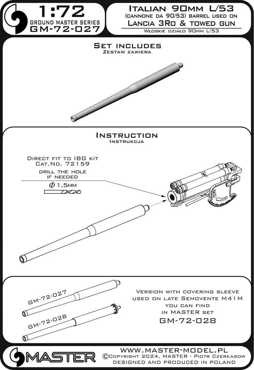 Master GM-72-027 Barrel of the Italian 90mm L/53 gun (Cannone da 90/53) - used as a towed gun and on vehicles, e.g. Lancia 3Ro, early Semovente M41M 1/72 – image 4