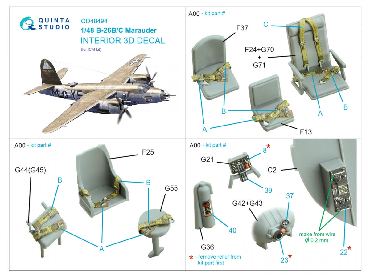 Quinta Studio QD48494 B-26B/C Marauder 3D-Printed colored Interior on decal paper (ICM) 1/48 – obrázek 2