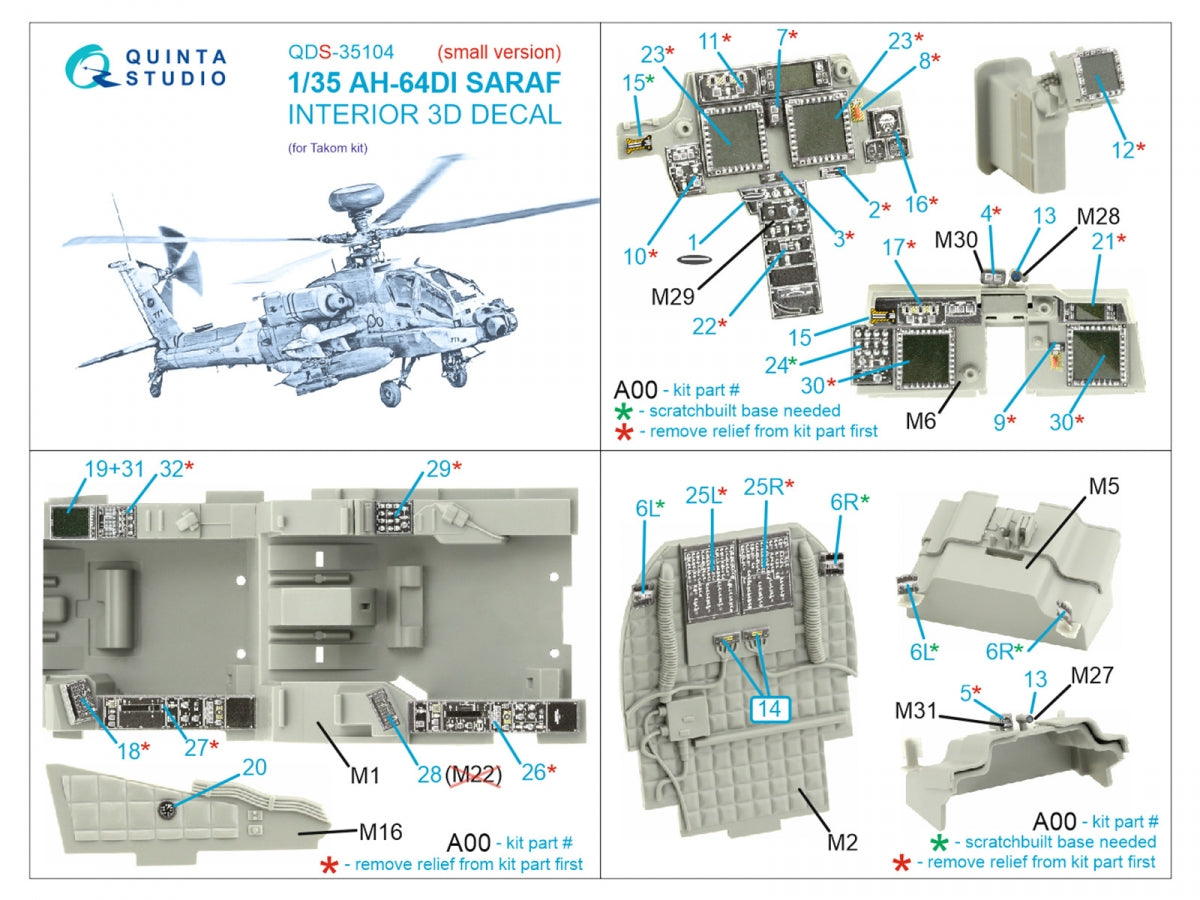 Quinta Studio QDS-35104 AH-64DI Saraf 3D-Printed &amp;amp; colored Interior on decal paper (Takom) (Small version) 1/35 – Bild 2