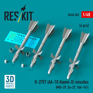 RESKIT RS48-0582 R-27ET (AA-10 Alamo-D) missiles (4 pcs) (MiG-29, Su-27, Yak-141) (3D Printed) 1/48
