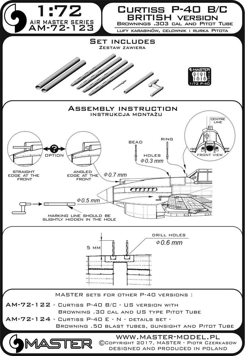 Master AM-72-123 Curtiss P-40 B/C Tomahawk II - UK version - .30 cal Browning rifle barrels and British version Pitot tubes (1/72) – immagine 4