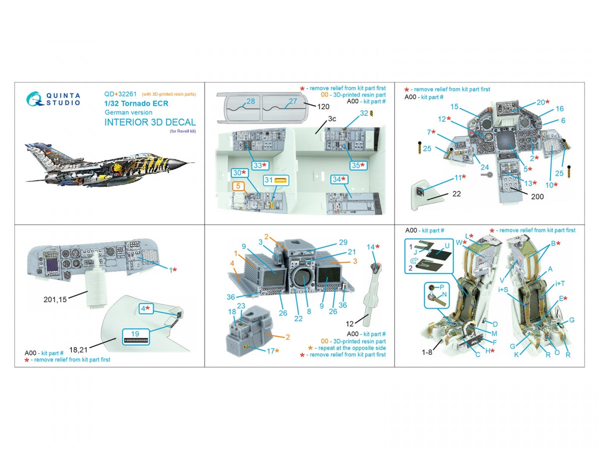 Quinta Studio QD+32261 Tornado ECR German 3D-Printed &amp; coloured Interior on decal paper (Revell) (with 3D-printed resin parts) 1/32