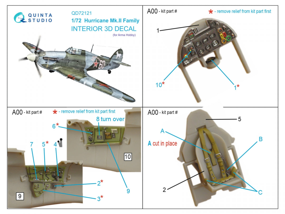 Quinta Studio QD72121 Hurricane Mk.II family 3D-Printed colored Interior on decal paper (Arma Hobby) 1/72 – obrázek 2