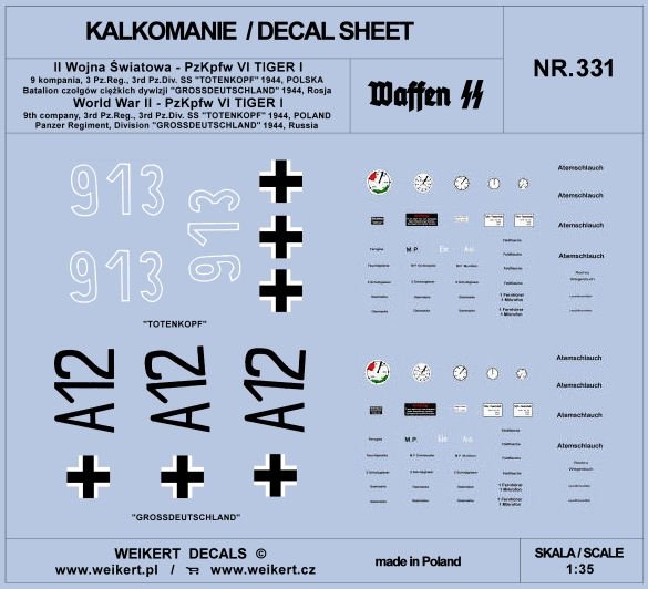 Weikert Decals DEC331 PzKpfw VI TIGER - SS Totenkopf Division and Grossdeutschland Division - 1944 - vol.1 1/35