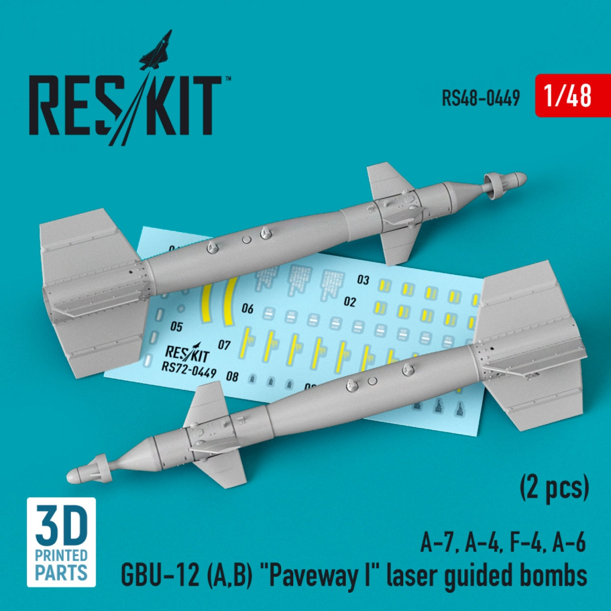 RESKIT RS48-0449 GBU-12 (A,B) "PAVEWAY I" LASER GUIDED BOMBS (2 PCS) (3D PRINTED) 1/48