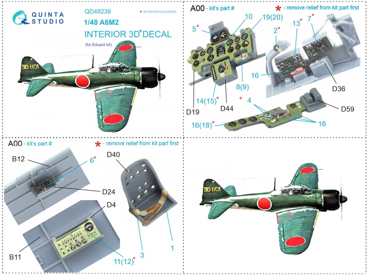 Quinta Studio QD48239 A6M2 Zero 3D-Printed &amp;amp; colored Interior on decal paper (Eduard) 1/48 – image 3