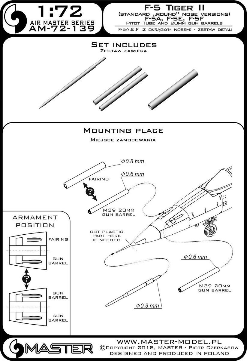Master AM-72-139 F-5 Tiger II &amp;quot;Freedom Fighter&amp;quot; (round nose version) - F-5A, E, F - detail set - Pitot tube and 20mm gun barrels 1/72 – image 3