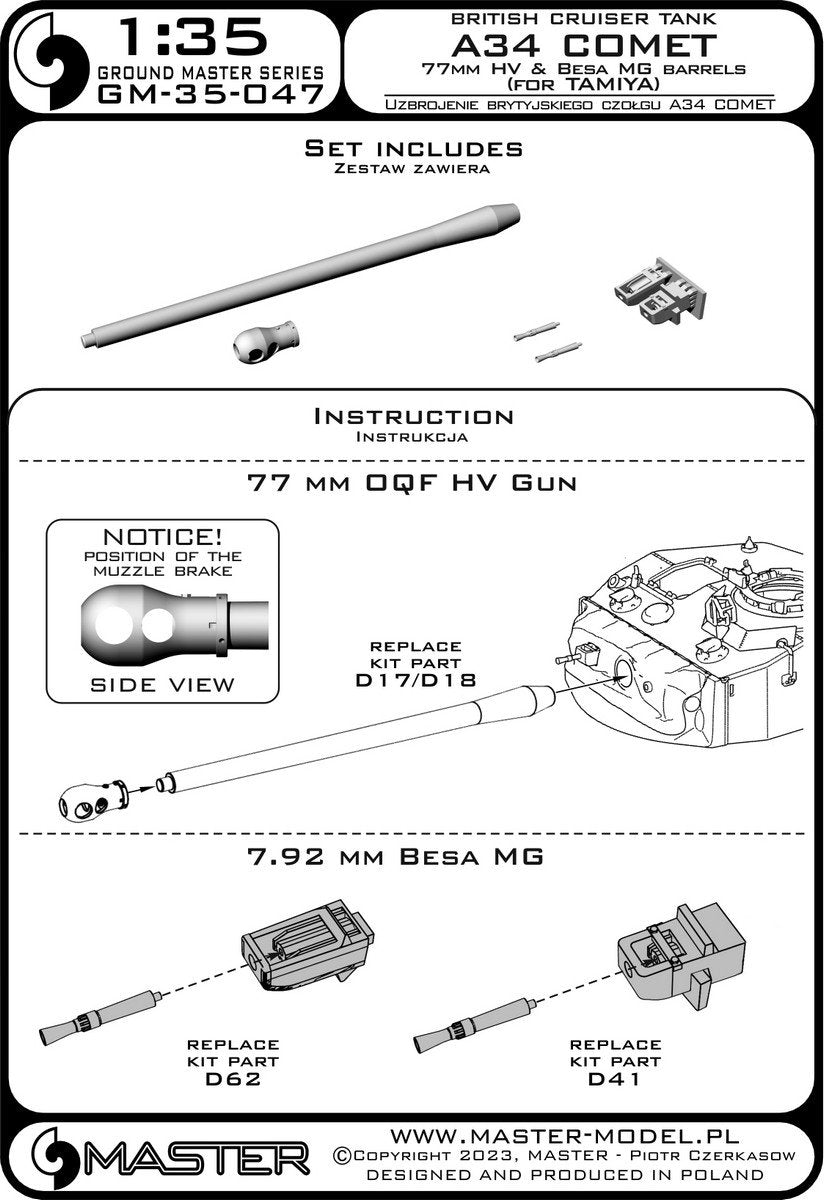 Master GM-35-047 A34 Comet - 77mm HV gun barrel &amp;amp; Besa MG barrels with resin mounts (for Tamiya kit) 1/35 – image 9