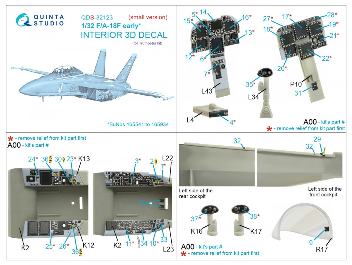 Quinta Studio QDS-32123 F/A-18F early 3D-Printed &amp;amp; colored Interior on decal paper (Trumpeter) (Small version) 1/32 – immagine 7