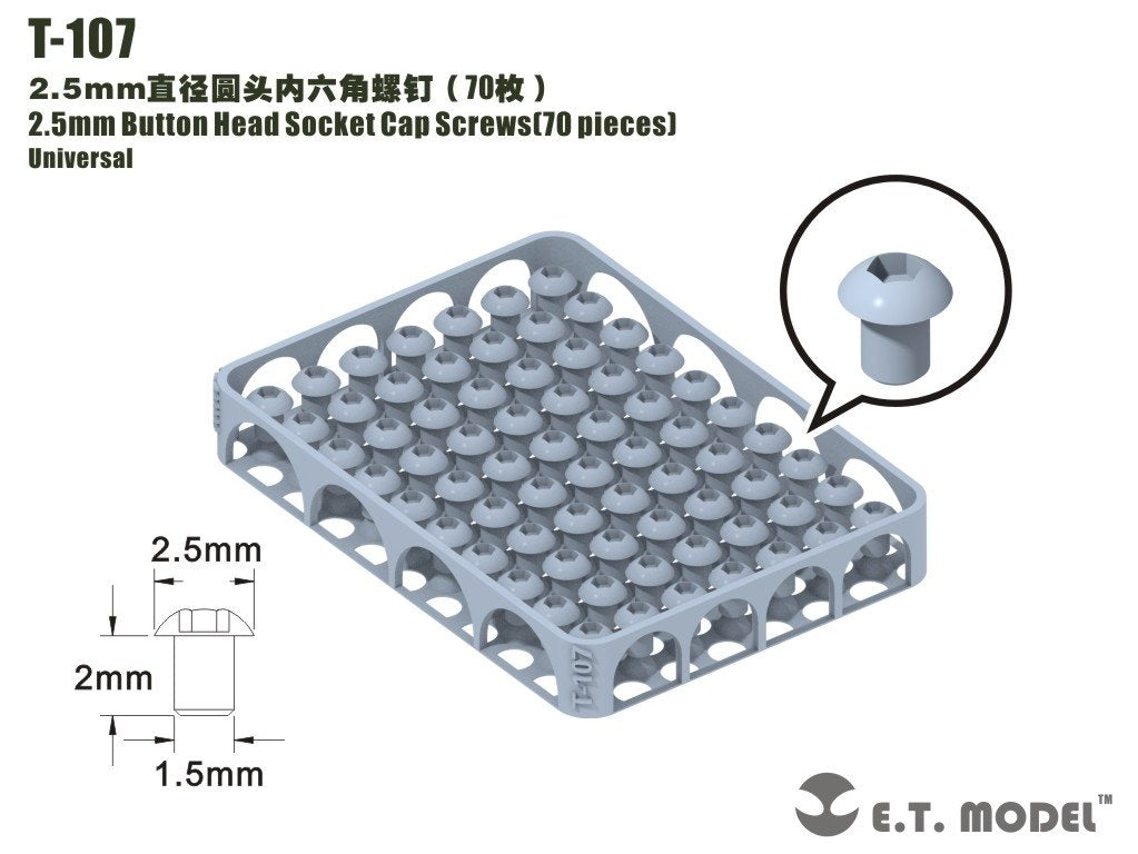 ET Model T-107 2.5mm Button Head Socket Cap Screws 70 pieces