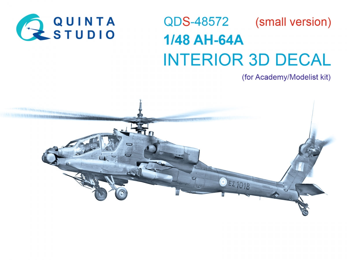 Quinta Studio QDS-48572 AH-64A 3D-Printed &amp; colored Interior on decal paper (Academy/Modelist) (small version) 1/48