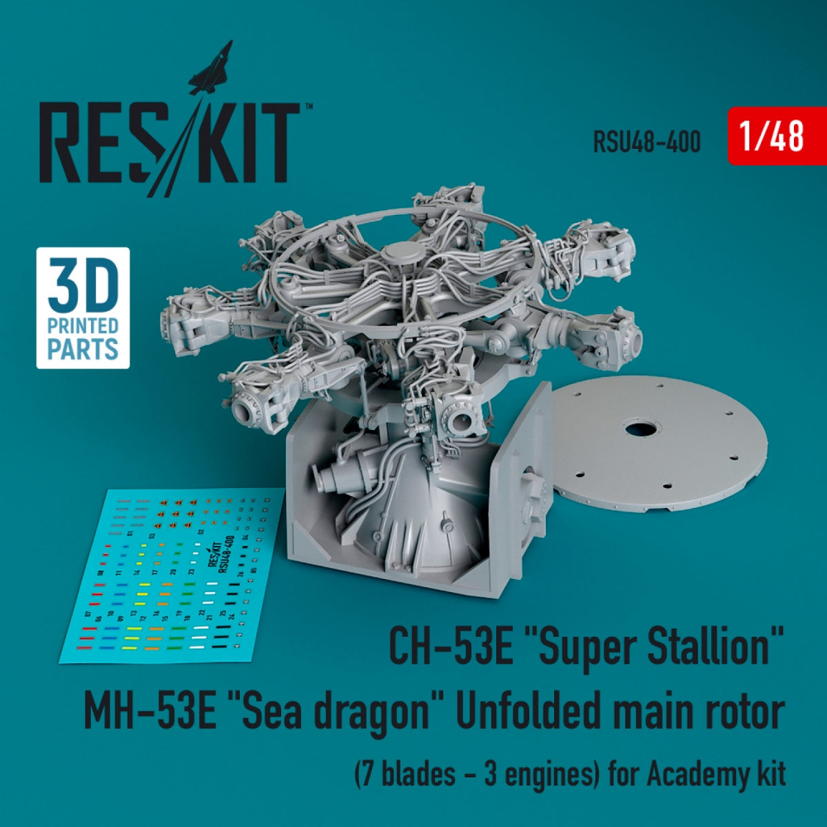 RESKIT RSU48-0400 CH-53E &amp;quot;Super Stallion&amp;quot;, MH-53E &amp;quot;Sea dragon&amp;quot; unfolded main rotor (7 blades - 3 engines) for Academy kit (3D printed) 1/48