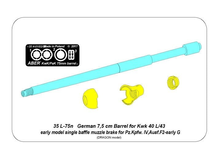 Aber 35L-075N 75mm KwK40L/43 barrel with muzzle brake for German Panzer IV Ausf. F2 tanks - early G 1/35 – Bild 2