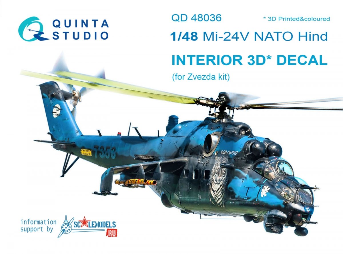Quinta Studio QD48036 Mi-24V NATO (black panels) 3D-Printed &amp;amp; colored Interior on decal paper (for Zvezda kit) 1/48