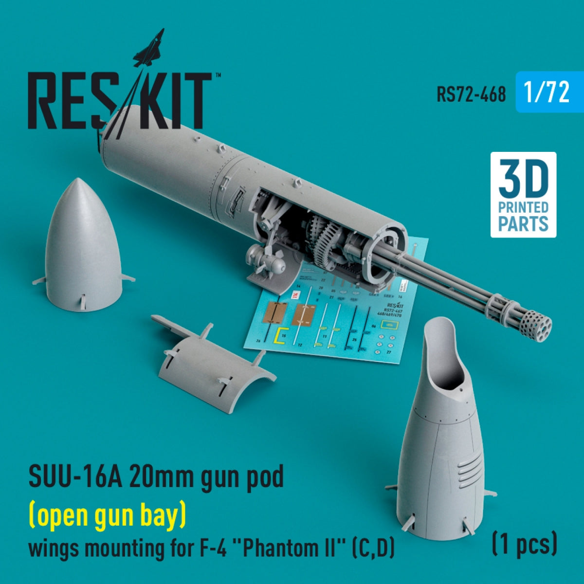 RESKIT RS72-0468 SUU-16A 20mm gun pod (open gun bay) wings mounting for F-4 Phantom II (C,D) (1 pcs) (3D Printed) 1/72 – image 2