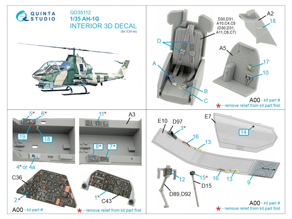 Quinta Studio QD35112 AH-1G Cobra 3D-Printed &amp;amp; colored Interior on decal paper (ICM) 1/35 – image 2