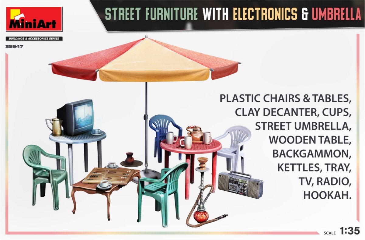 MiniArt 35647 STREET FURNITURE WITH ELECTRONICS &amp;amp; UMBRELLA 1/35 – zdjęcie 2