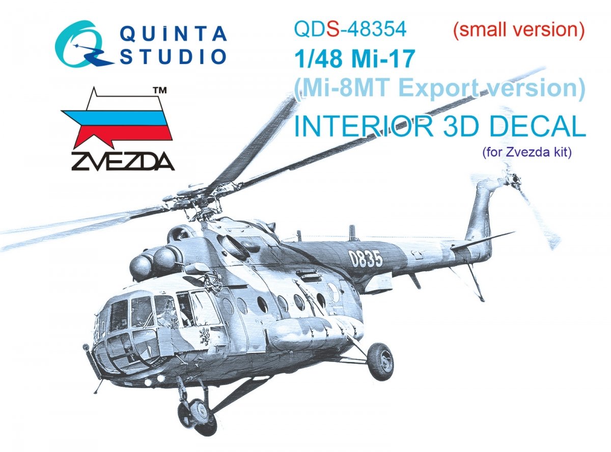 Quinta Studio QDS-48354 Mi-17 (Mi-8MT Export version) 3D-Printed &amp; colored Interior on decal paper (Zvezda) (Small version) 1/48