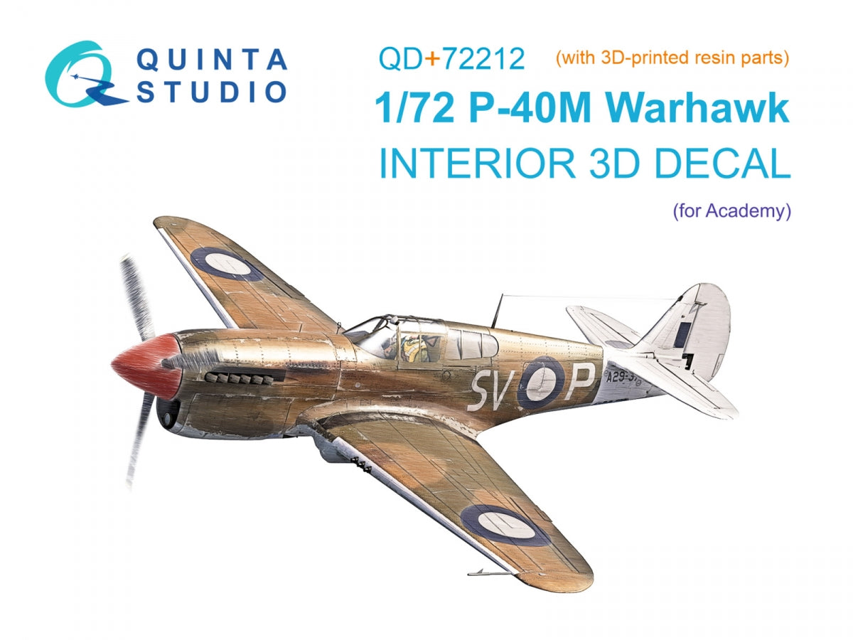 Quinta Studio QD+72212 P-40M Warhawk 3D-Printed &amp;amp; colored Interior on decal paper (Academy) (with 3D-printed resin parts) 1/72