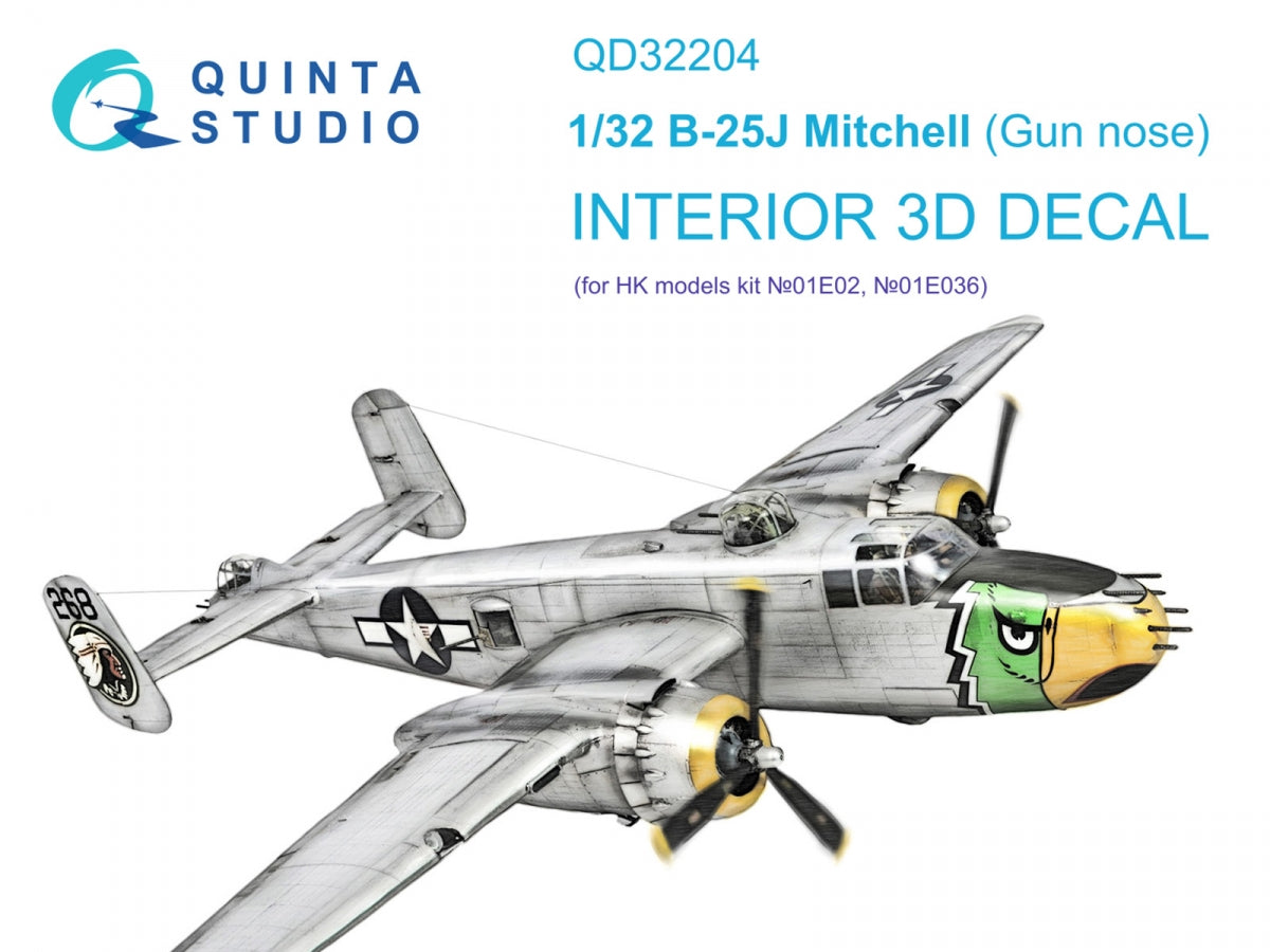 Quinta Studio QD32204 B-25J Mitchell Gun nose 3D-Printed &amp;amp; colored Interior on decal paper (HK models) 1/32