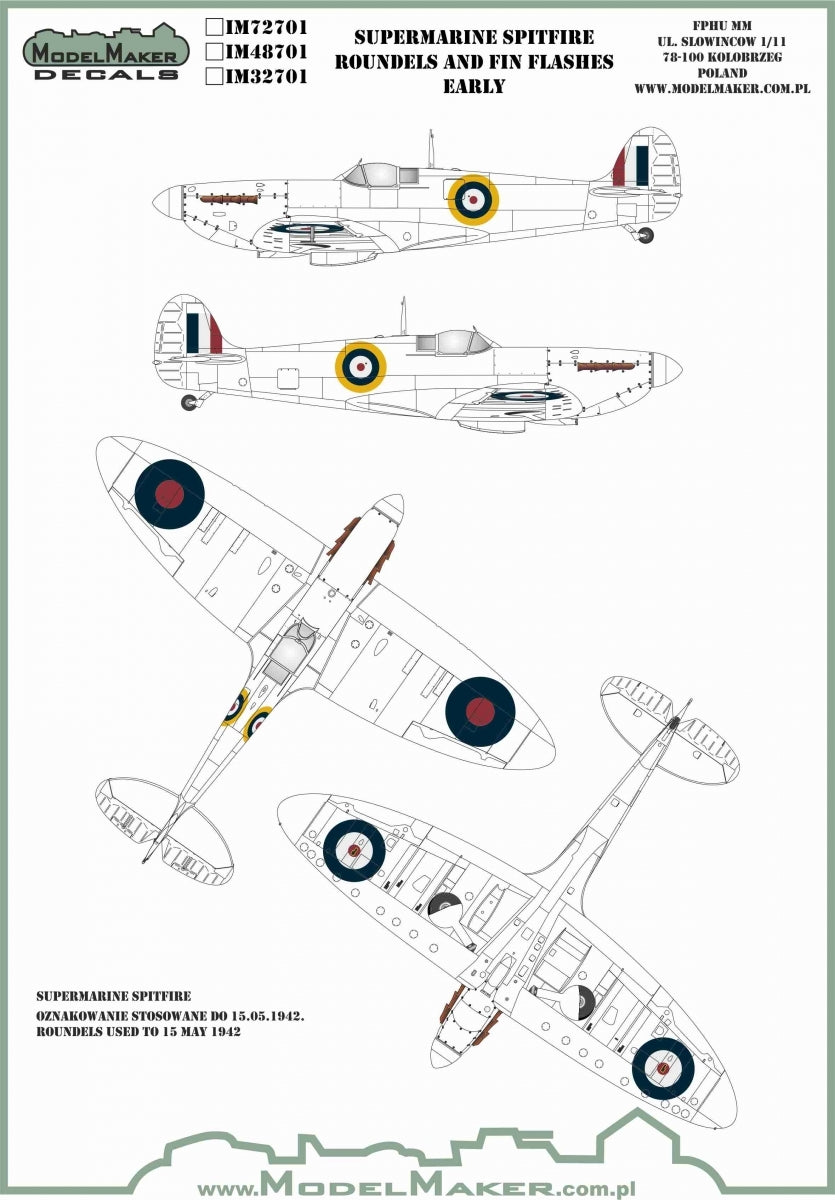 ModelMaker Decals IM48701 Supermarine Spitfire roundels and fin flashes - EARLY 1/48