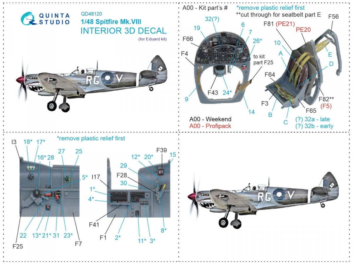 Quinta Studio QD48120 Spitfire Mk.VIII 3D-Printed &amp;amp; colored Interior on decal paper (Eduard) 1/48 – immagine 12