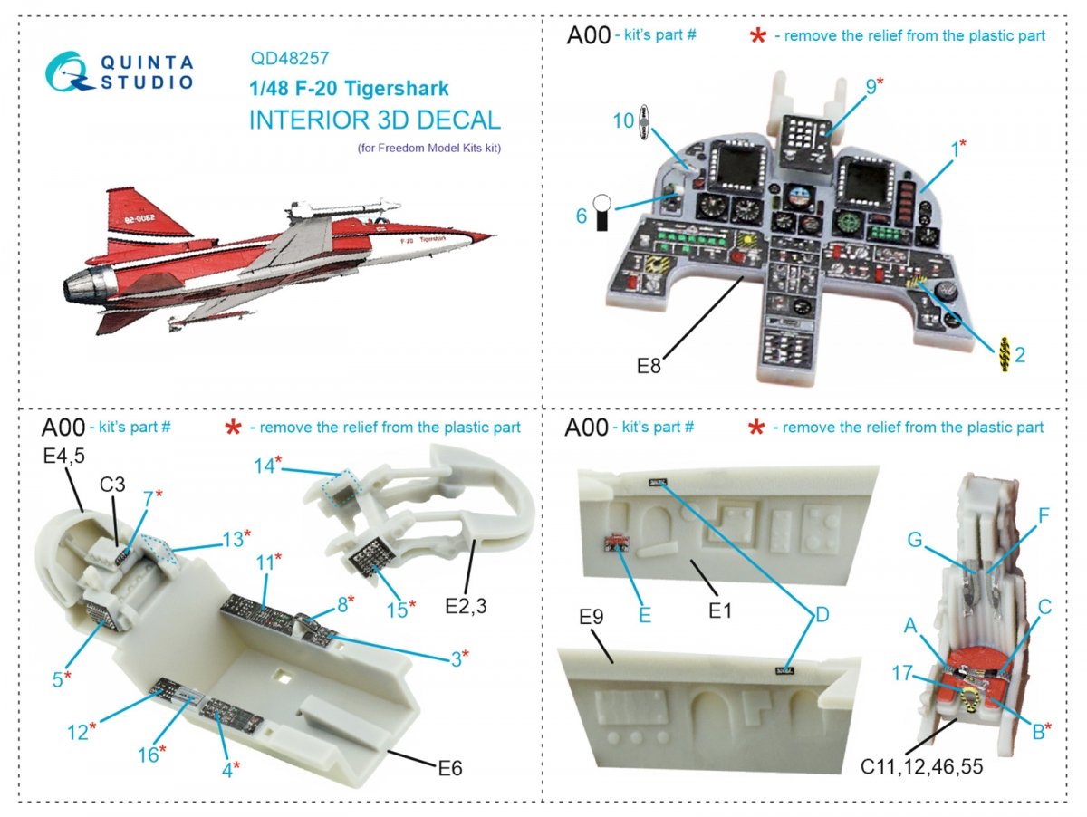 Quinta Studio QD48257 F-20 Tigershark 3D-Printed &amp;amp; coloured Interior on decal paper (Freedom Model) 1/48 – zdjęcie 2