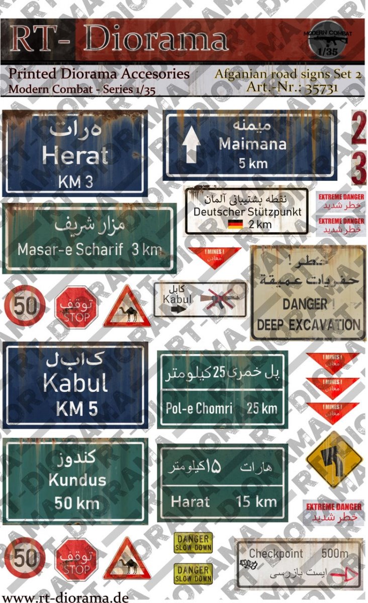 Accessoires imprimés RT-Diorama 35731 : Panneaux de signalisation afghans, set n° 2, échelle 1/35