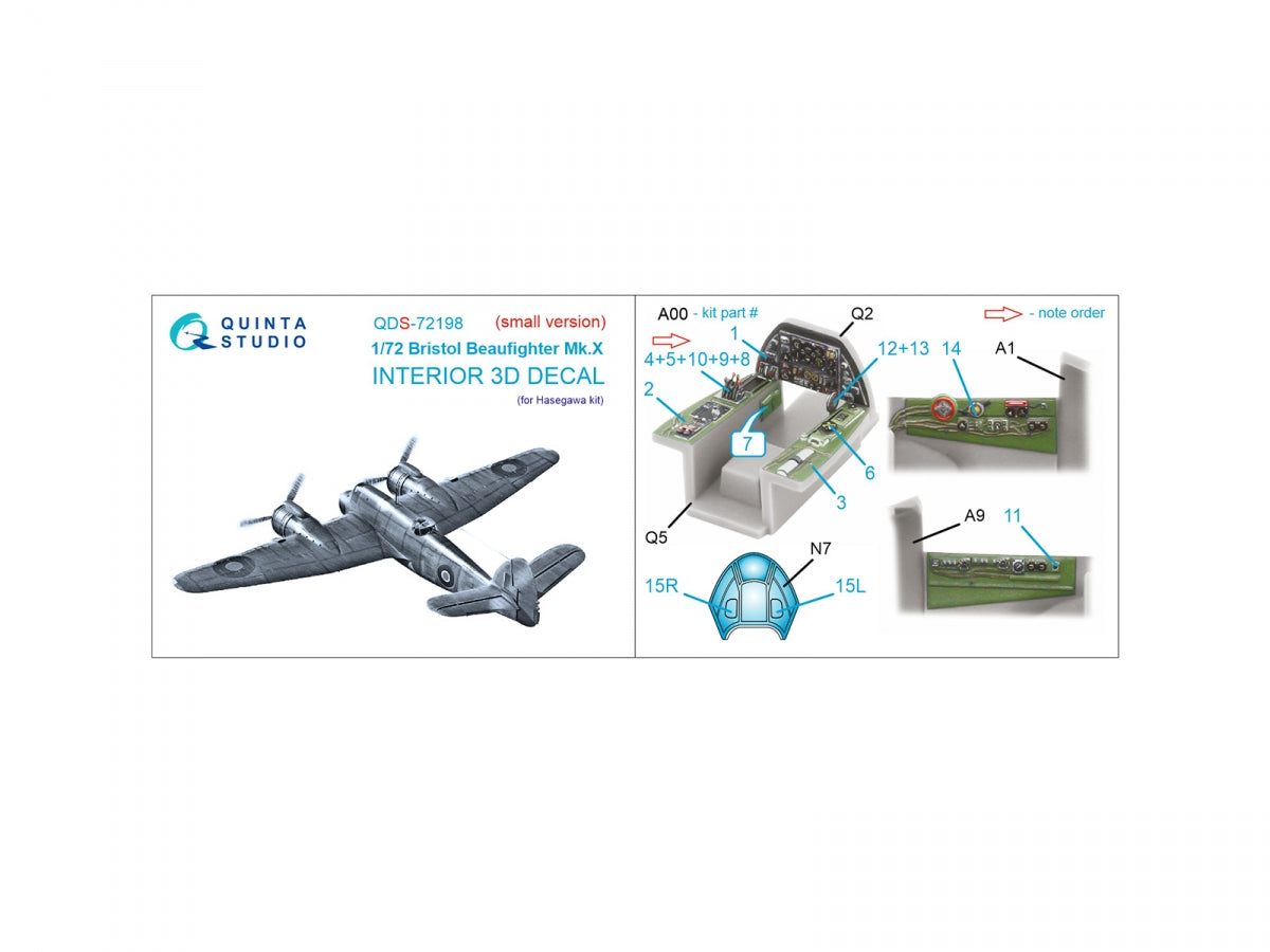 Quinta Studio QDS-72198 Bristol Beaufighter Mk.X 3D-Printed &amp;amp; colored Interior on decal paper (Hasegawa) (small version) 1/72 – image 2