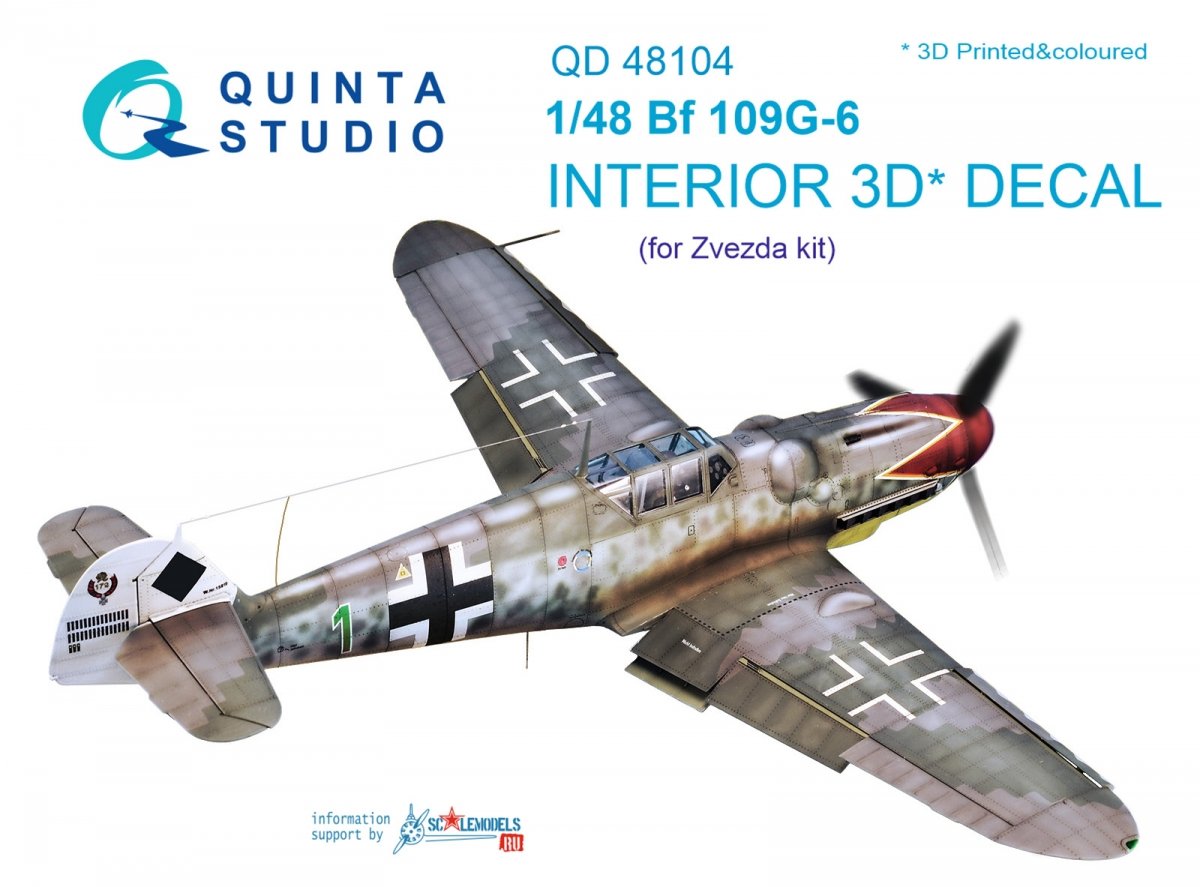 Quinta Studio QD48104 Bf 109G-6 3D-Printed &amp; colored Interior on decal paper (for Zvezda kit) 1/48