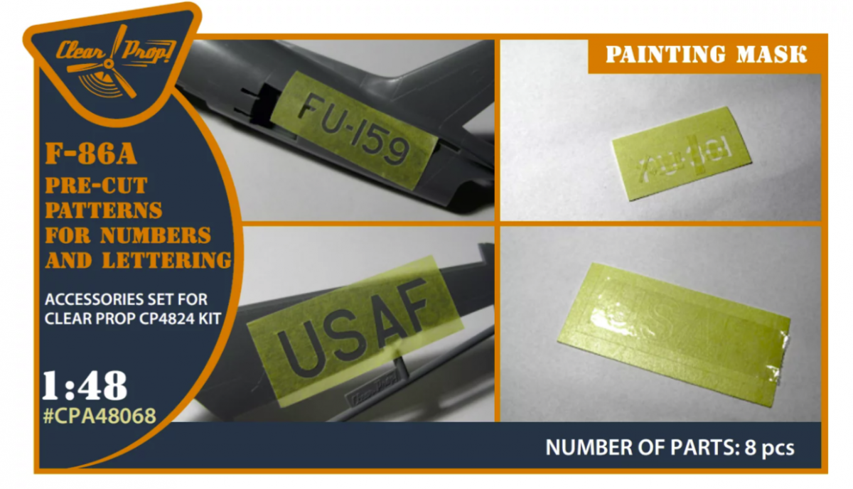 Clear Prop! CPA48068 F-86A pre-cut patterns for numbers and letteringpainting mask on "yellow kabuki paper" for CP4824 kit 1/48