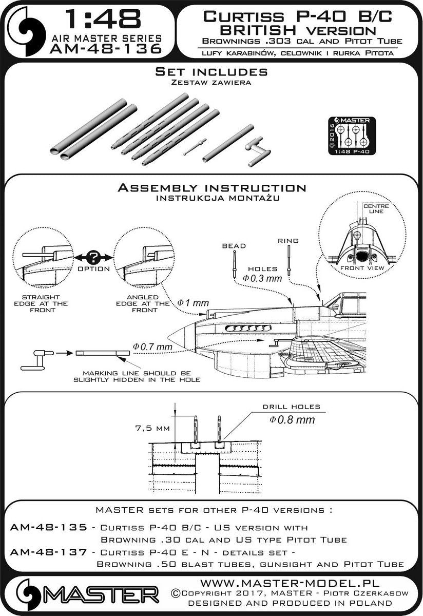 Master AM-48-136 Curtiss P-40 B/C Tomahawk II - UK version - .30 cal Browning rifle barrels and British version Pitot tubes (1/48) – Bild 4