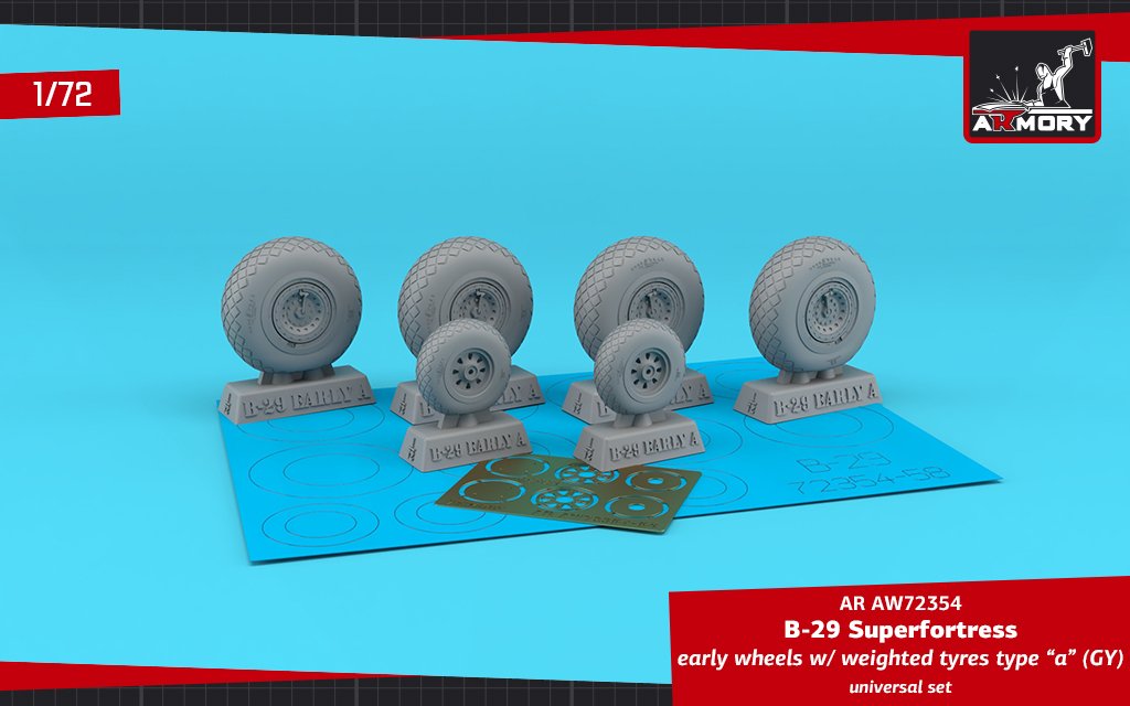 Armory Models AW72354 B-29 Superfortress roues de première production avec pneus lestés type « a » (GY) et enjoliveurs en photodécoupe 1/72