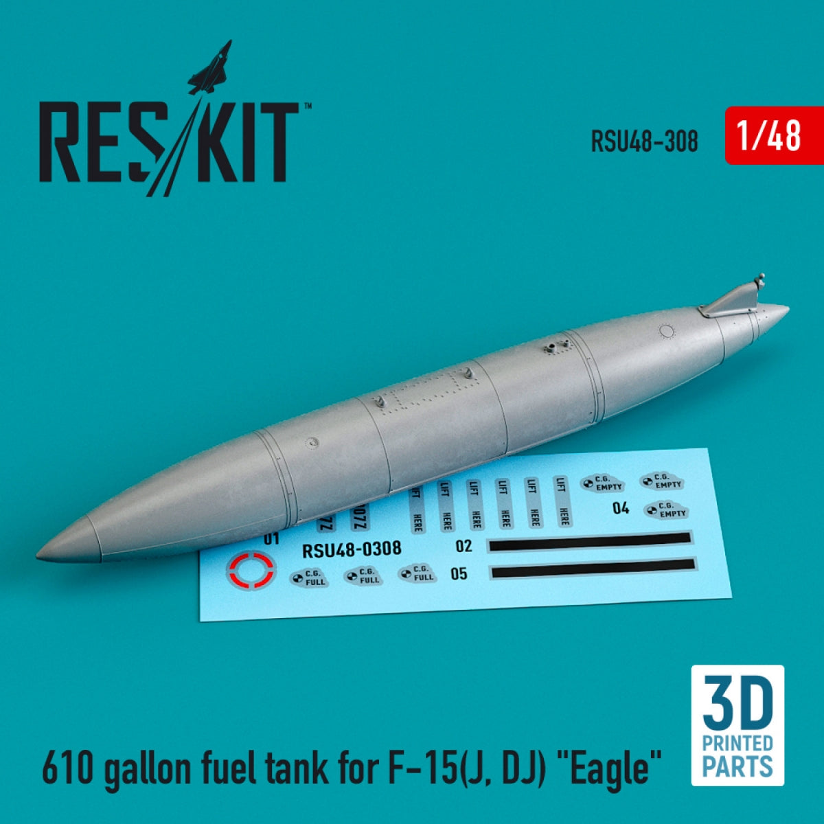 RESKIT RSU48-0308 610 GALLON FUEL TANK FOR F-15(J, DJ) &amp;quot;EAGLE&amp;quot; (3D PRINTED) 1/48