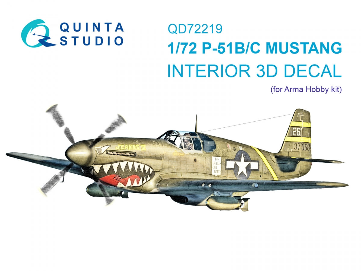 Quinta Studio QD72219 P-51B/P-51C Mustang 3D-Printed &amp;amp; colored Interior on decal paper (Arma Hobby) 1/72