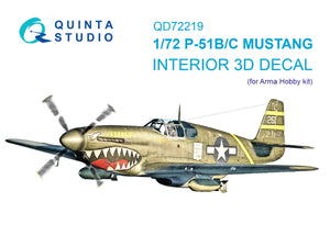 Quinta Studio QD72219 P-51B/P-51C Mustang 3D-Printed &amp;amp; colored Interior on decal paper (Arma Hobby) 1/72