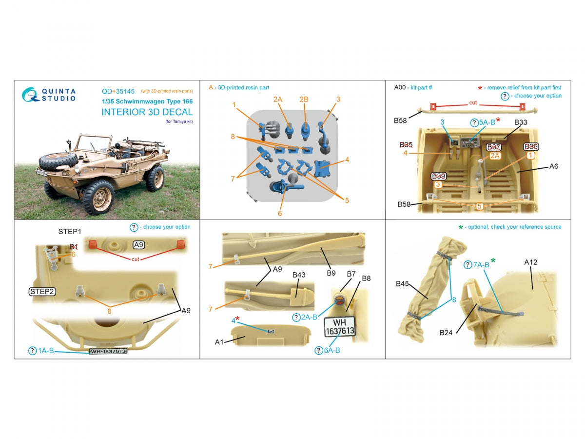 Quinta Studio QD+35145 Schwimmwagen Type 166 3D-Printed &amp;amp; colored Interior on decal paper (Tamiya) (with 3D-printed resin parts) 1/35 – image 14