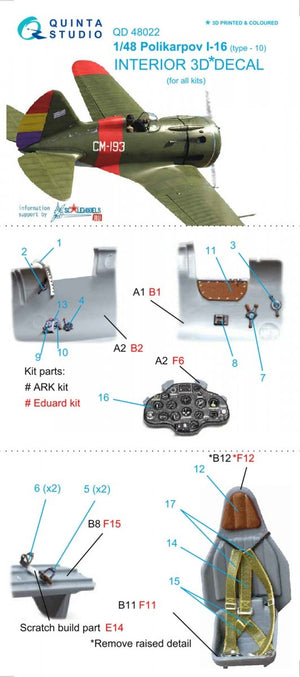 Quinta Studio QD48022 I-16 type 10 3D-Printed &amp;amp; colored Interior on decal paper (for all kits) 1/48 – immagine 6