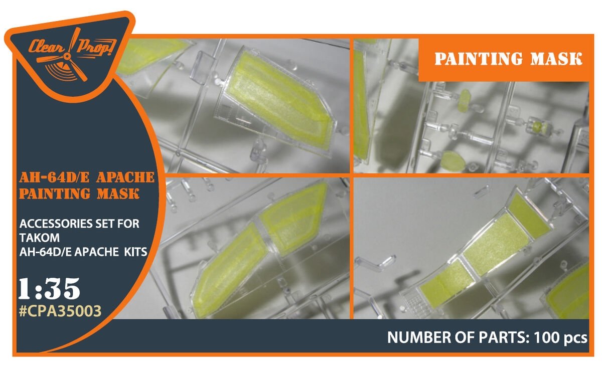 Masque de peinture transparent pour Boeing AH-64 D/E Apache (réf. CPA35003) sur papier kabuki jaune (pour maquette TAKOM) à l'échelle 1/35