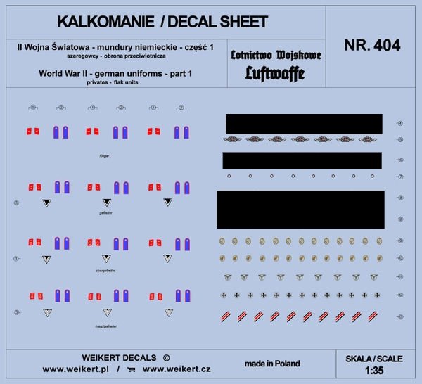 Weikert Decals DEC404 German Uniforms - Part 1 - Luftwaffe - Anti-Aircraft Defense 1/35