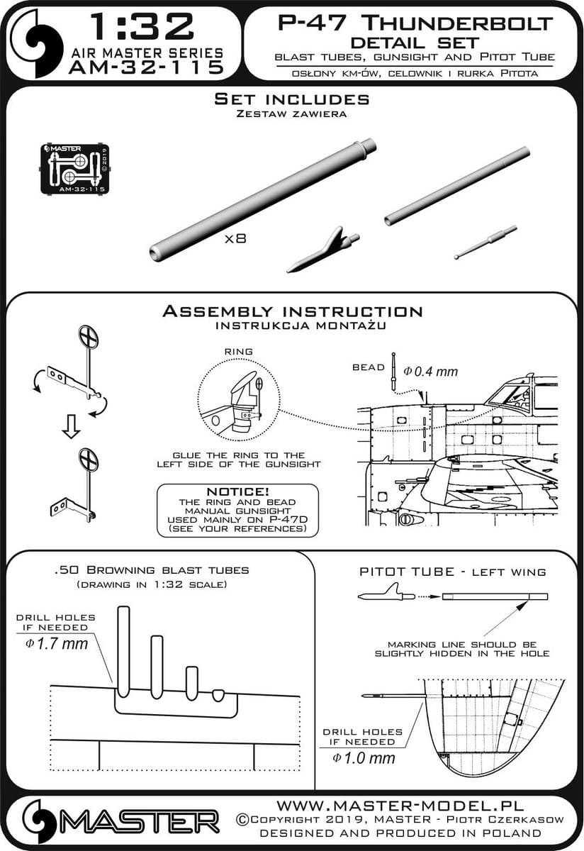 Master AM-32-115 P-47 Thunderbolt - zestaw detali - uzbrojenie, rurka Pitota, celownik 1/32 – zdjęcie 3