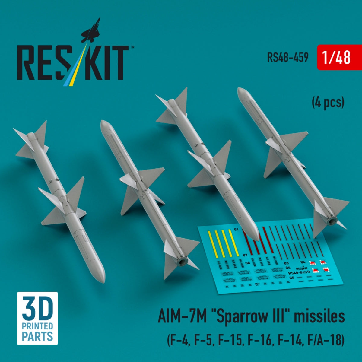 RESKIT RS48-0459 AIM-7M &amp;quot;Sparrow III&amp;quot; missiles (4 pcs) (3D Printed) 1/48
