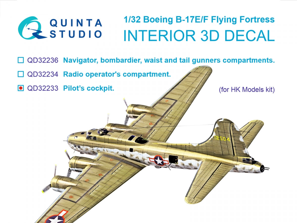 Quinta Studio QD32233 Boeing B-17E/F Pilot's cockpit. 3D-Printed colored Interior on decal paper (HK models) 1/32