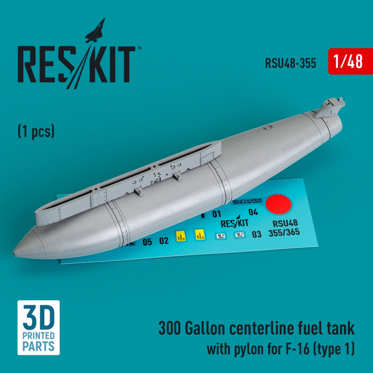 Réservoir de carburant central RESKIT RSU48-0355 de 300 gallons avec pylône pour F-16 (type 1) (1 pièce) (Impression 3D) 1/48
