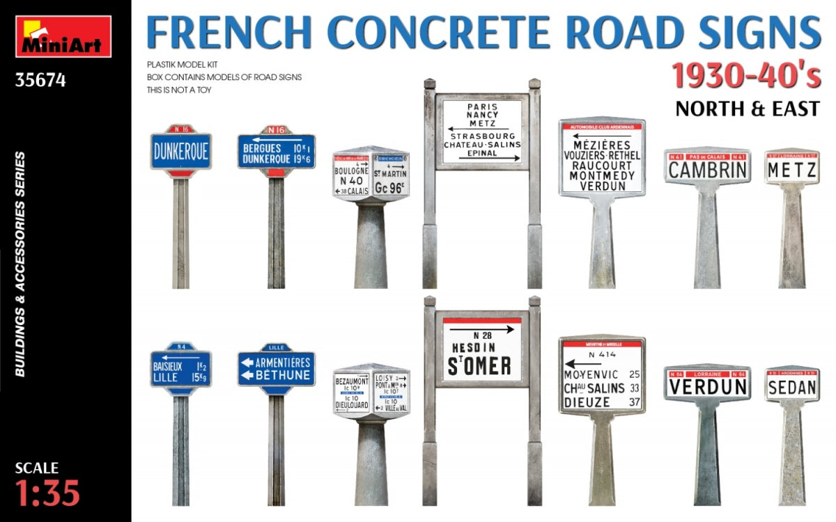 Miniart 35674 Panneaux de signalisation routière en béton français, années 1930-1940. Nord et Est, échelle 1/35