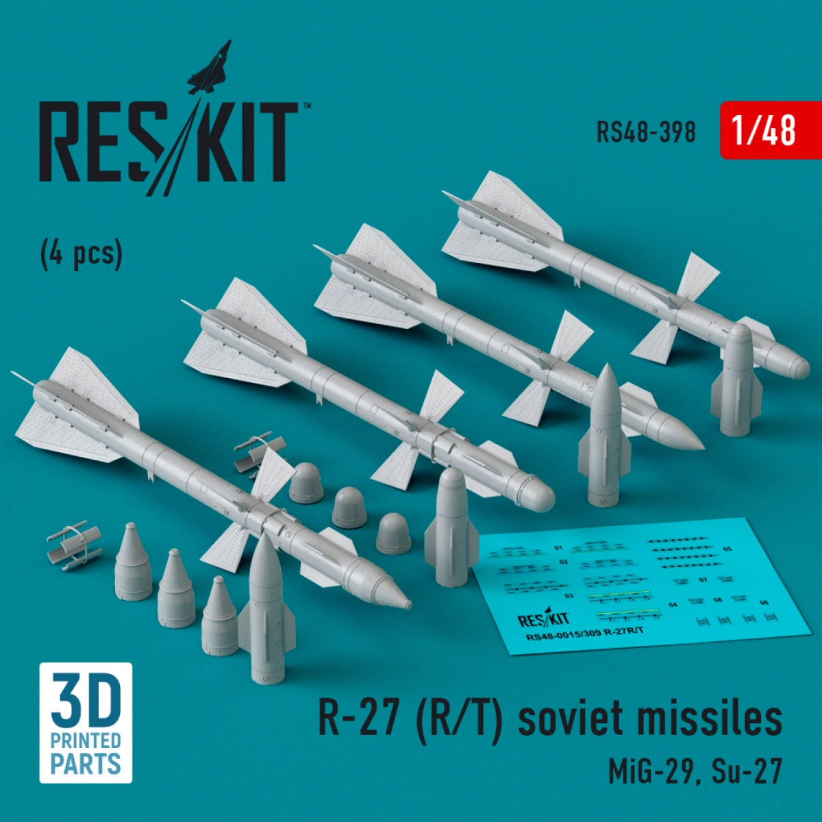 RESKIT RS48-0398 R-27 (R/T) missiles (4 pcs) (3D Printed) 1/48