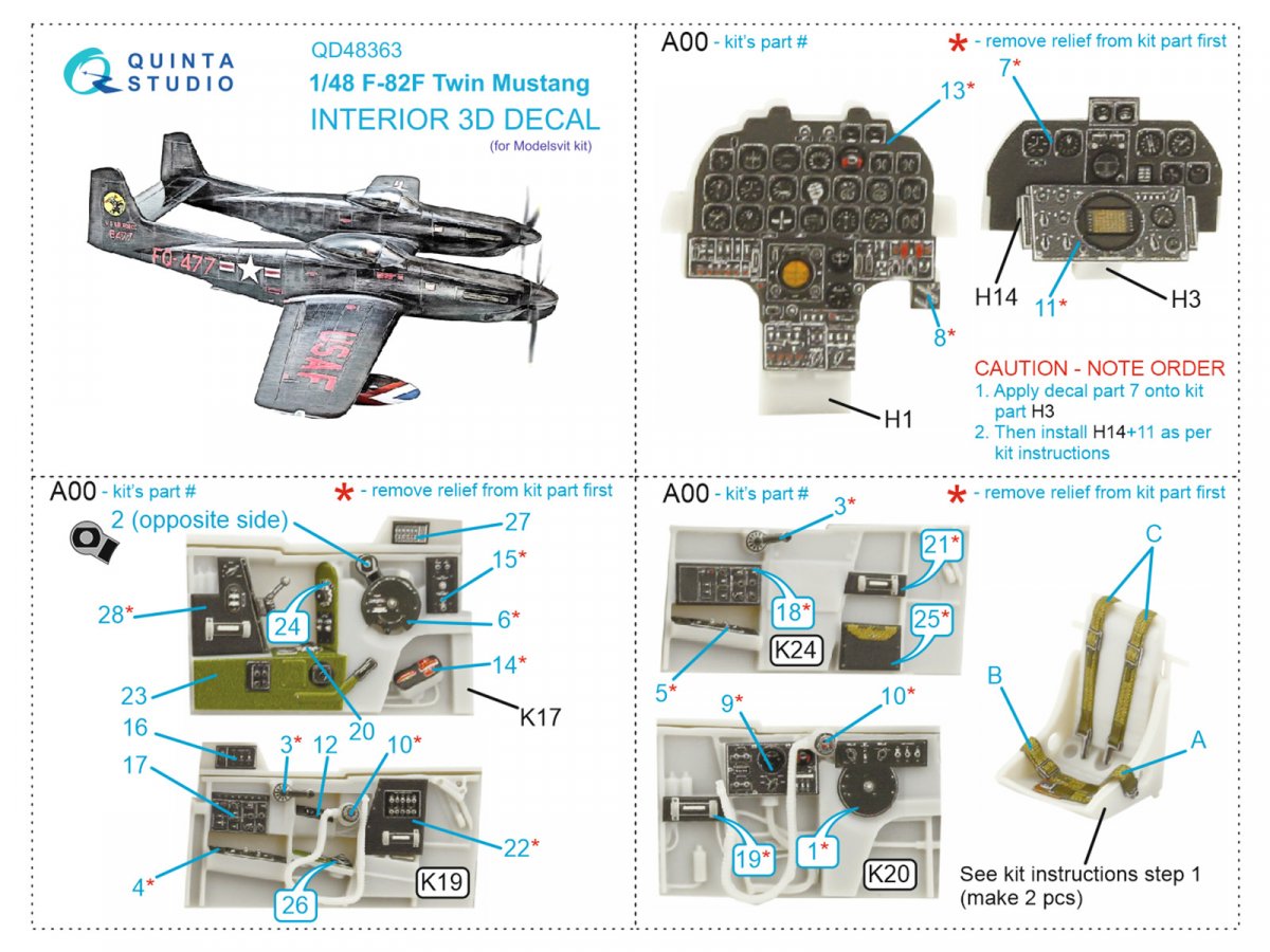 Quinta Studio QD48363 F-82F Twin Mustang 3D-Printed &amp;amp; colored Interior on decal paper (Modelsvit) 1/48 – Bild 12